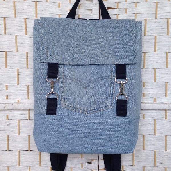 Recycled denim backpack, women's handmade bag, travel bag