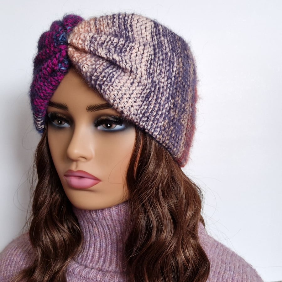 Ladies Luxury Turban Style Knitted Headband with Fluffy Mohair