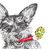 Fun Dog Birthday Card Schnoodle Party Blower Print of Original Drawing A6