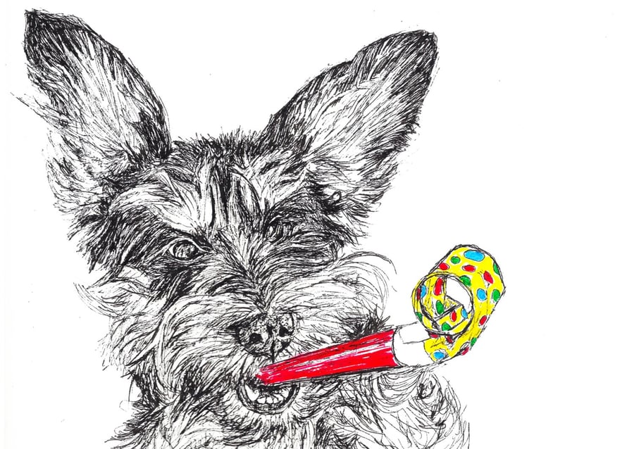 Fun Dog Birthday Card Schnoodle Party Blower Print of Original Drawing A6