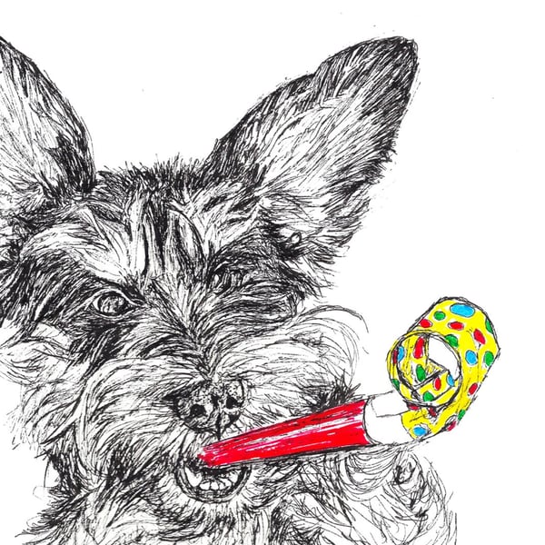 Fun Dog Birthday Card Schnoodle Party Blower Print of Original Drawing A6