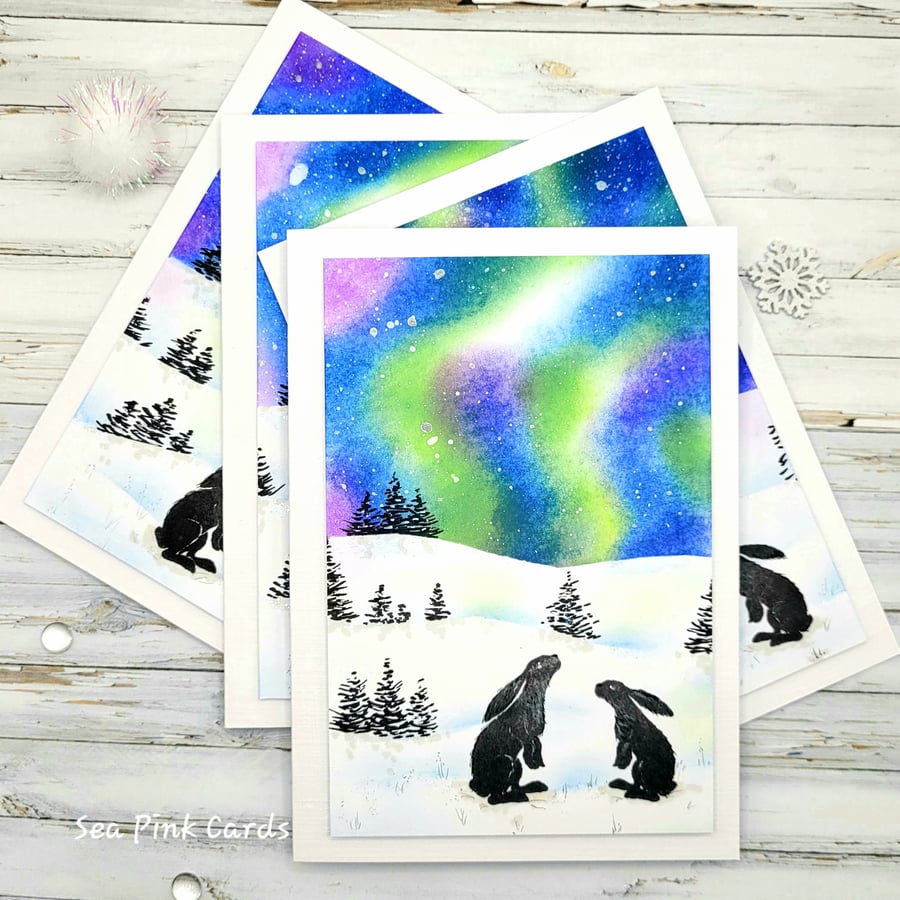 Northern Lights Christmas Cards - Set of 4 Cards, winter birthday, handcrafted