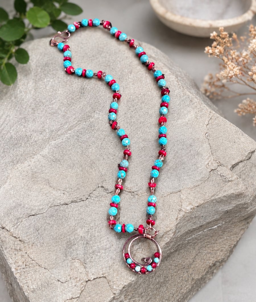 Handmade Copper Wire Wrap Pendant Necklace-Blue Howlite Red Bamboo Coral