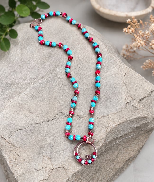 Handmade Copper Wire Wrap Pendant Necklace-Blue Howlite Red Bamboo Coral