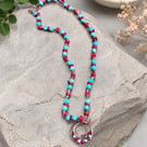 Handmade Copper Wire Wrap Pendant Necklace-Blue Howlite Red Bamboo Coral