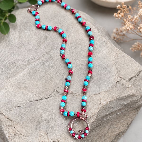Handmade Copper Wire Wrap Pendant Necklace-Blue Howlite Red Bamboo Coral