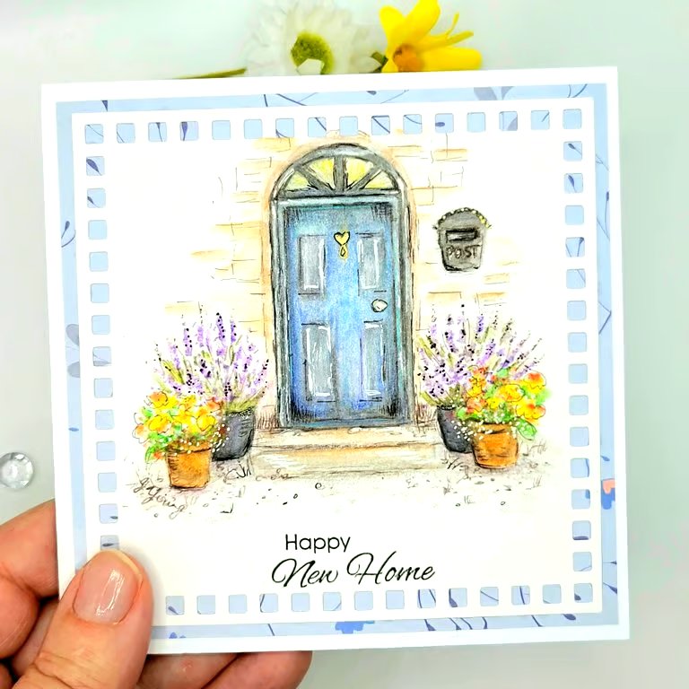 New Home Card -  handpainted original - blue door, plant pots, lavender