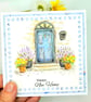 New Home Card -  handpainted original - blue door, plant pots, lavender - Image 1