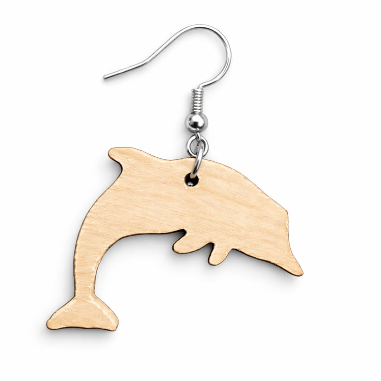 Scroll Sawn Maple Wood Dolphin Earrings – Lightweight Wooden Drop Jewellery