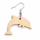 Scroll Sawn Maple Wood Dolphin Earrings – Lightweight Wooden Drop Jewellery
