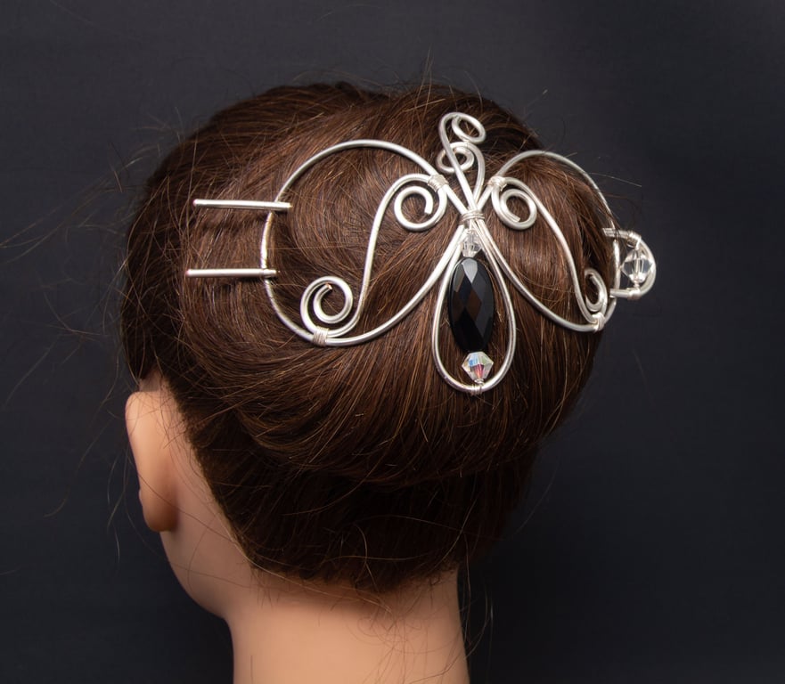silver plated copper hair bun, Celtic copper hair bun holder, black agate