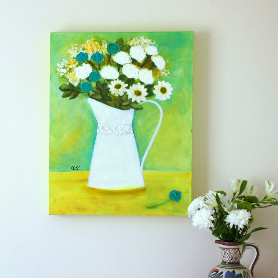 White Flowers in  a White Vase Painting, Original Floral Green Artwork 