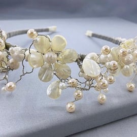 Elegant Ivory White Cultured Pearl & Shell Pearl Hair Vine Floral Bridal Tiara