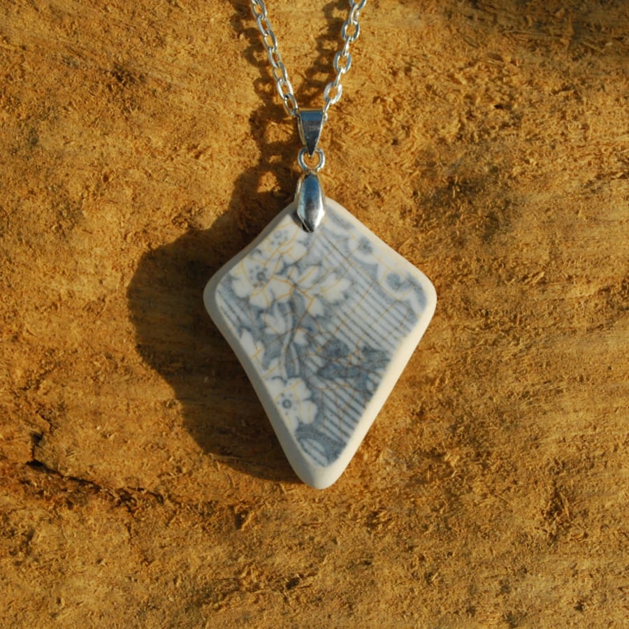Grey flowers beach pottery pendant