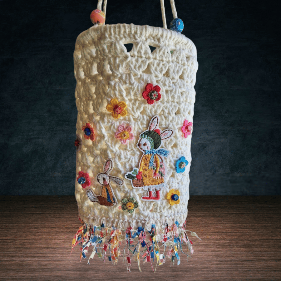 White crochet lantern, hanging decoration, nursery mobile, rabbits, flowers