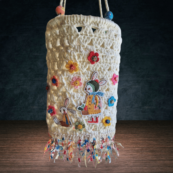 White crochet lantern, hanging decoration, nursery mobile, rabbits, flowers