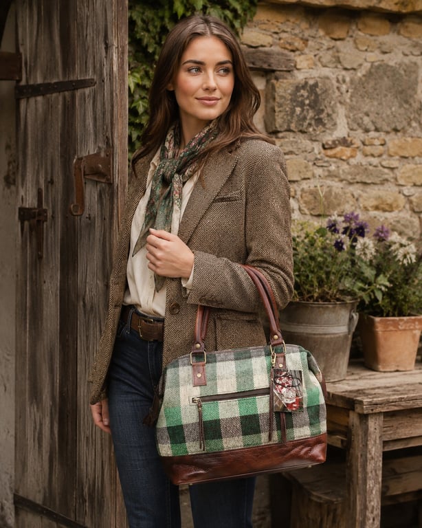 Handbag wire frame wool tweed and leather handbag green and brown check 