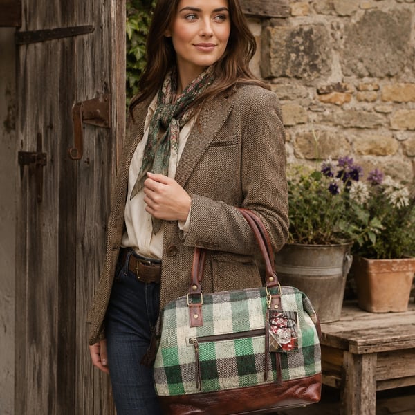 Handbag wire frame wool tweed and leather handbag green and brown check 
