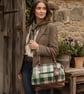 Handbag wire frame wool tweed and leather handbag green and brown check 