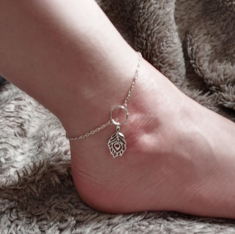 Silver Plate Peacock Feather Charm Anklet Ankle Bracelet
