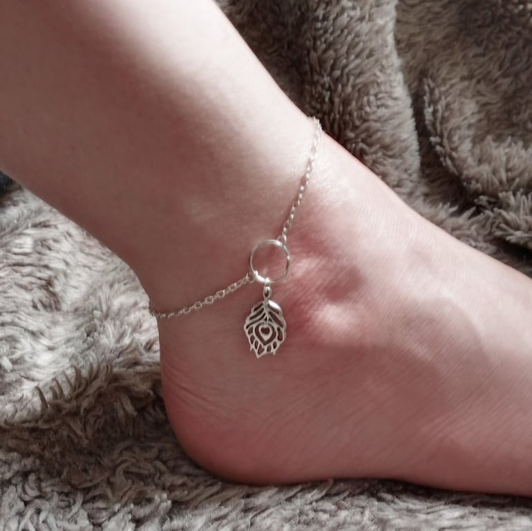 Silver Plate Peacock Feather Charm Anklet Ankle Bracelet