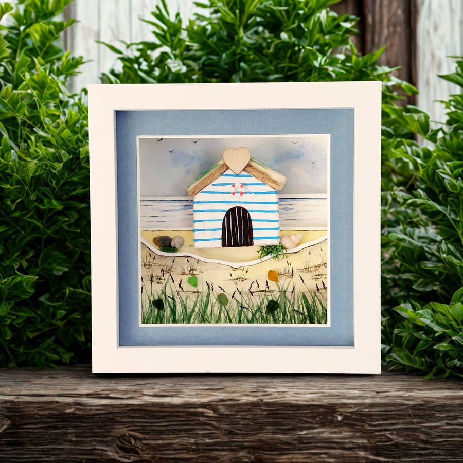 Beach Hut Desk Art - Original Watercolour - Framed Beach Glass Gift for Friends