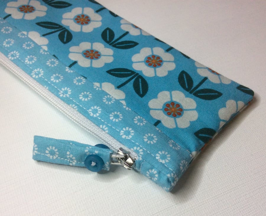 Zipped bag, make up bag, pencil case, turquoise floral cotton 