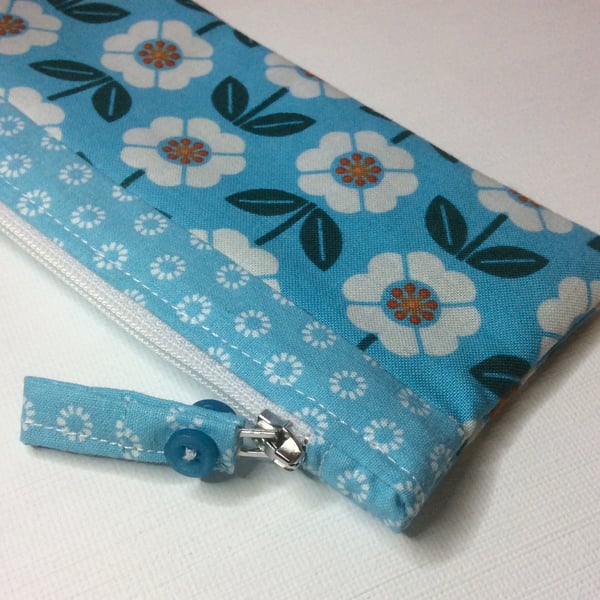 Zipped bag, make up bag, pencil case, turquoise floral cotton 