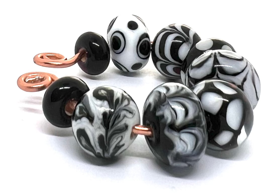 Handmade Lampwork Glass Beads – Black & White Monochrome Swirls & Dots Set of 9