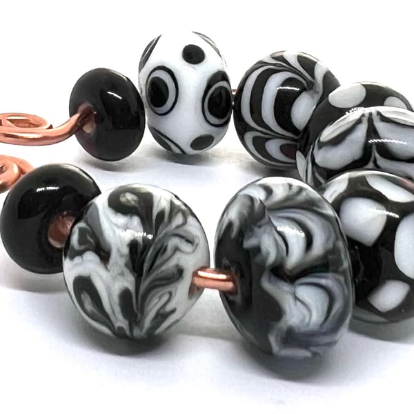 Handmade Lampwork Glass Beads – Black & White Monochrome Swirls & Dots Set of 9