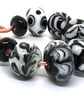 Handmade Lampwork Glass Beads – Black & White Monochrome Swirls & Dots Set of 9