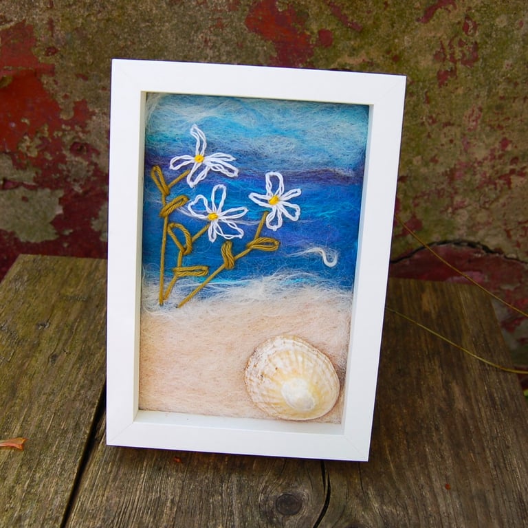 Coastal Art Needle felted and hand embroidered  framed picture - Seashore Scene