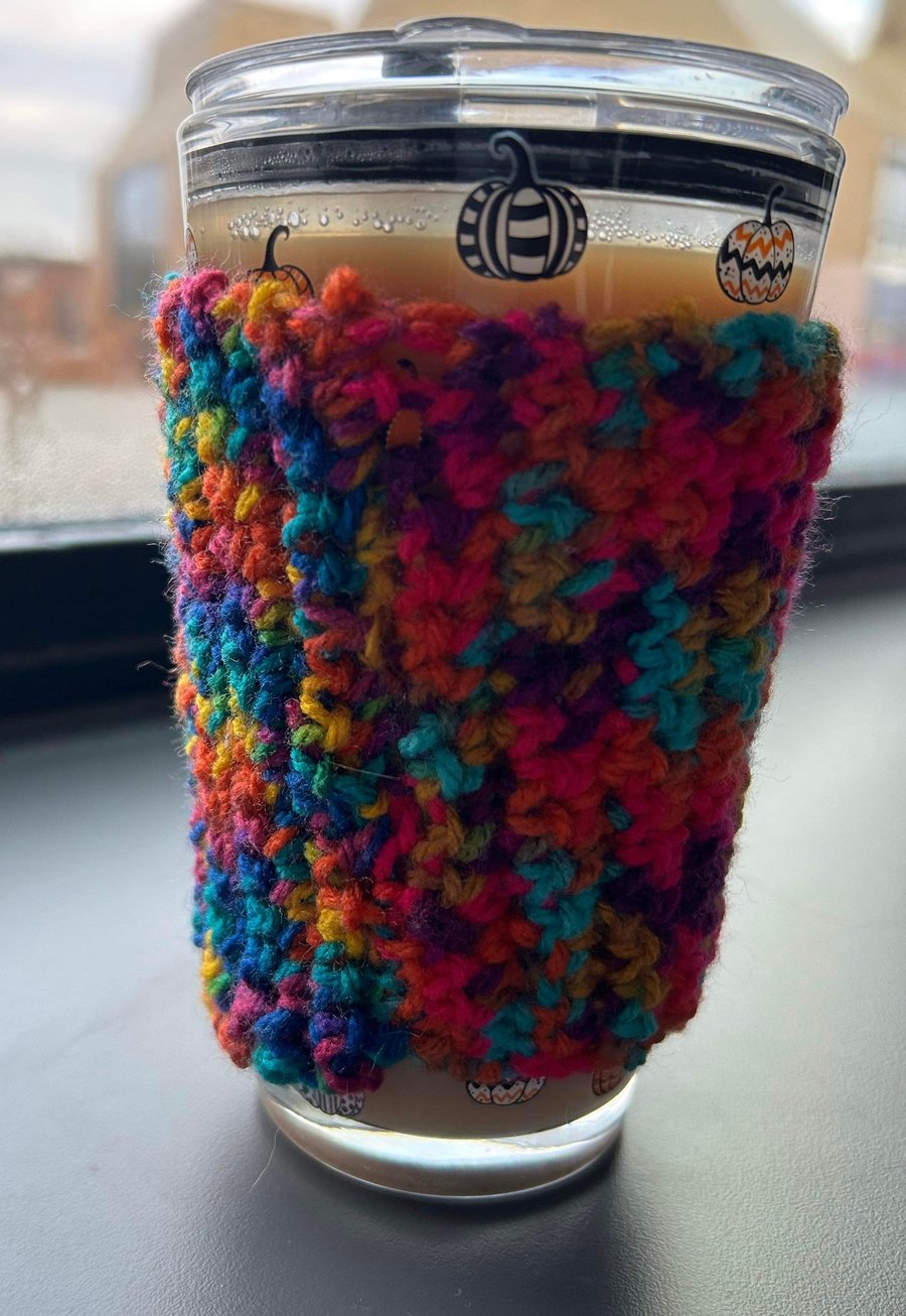 Cup cosy Crochet Sleeve in colourful Rainbow pattern 