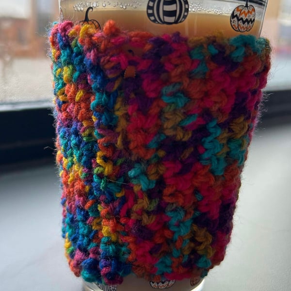 Crochet Sleeve Cup Holder Warmer in colourful Rainbow abstract pattern