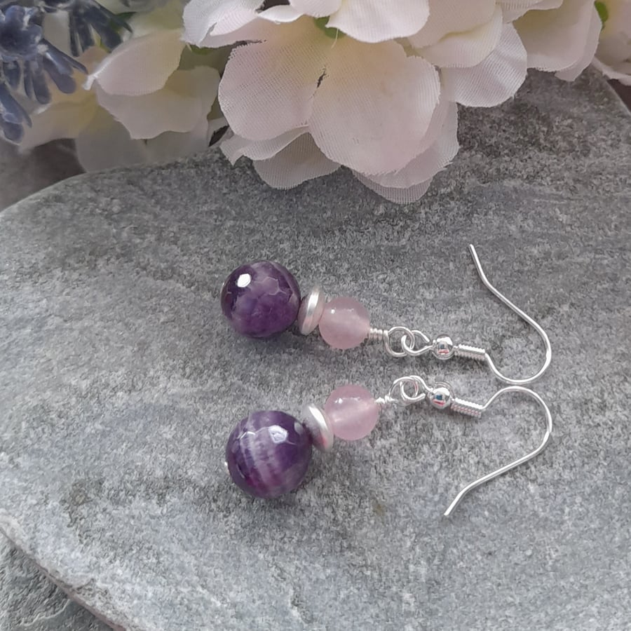 Amethyst Quartz and Coated Hematite Silver Plated  Earrings