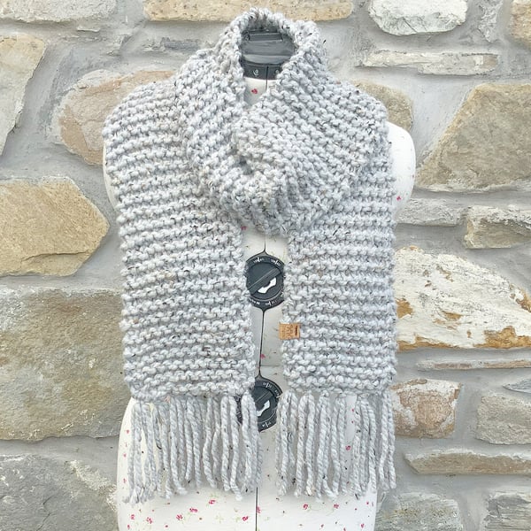 Chunky Scarf. Hand Knitted Scarf. Grey Scarf. Cosy Scarf. Woollen Scarf.