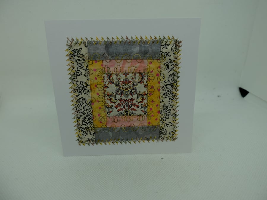 quilt block inspired greetings card with central silk embroidery fragment