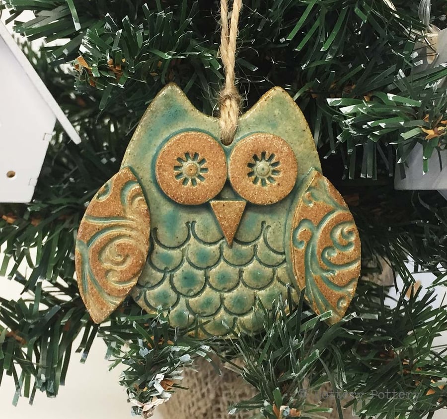 Ceramic owl hanging decoration Pottery owl ceramic bird Green