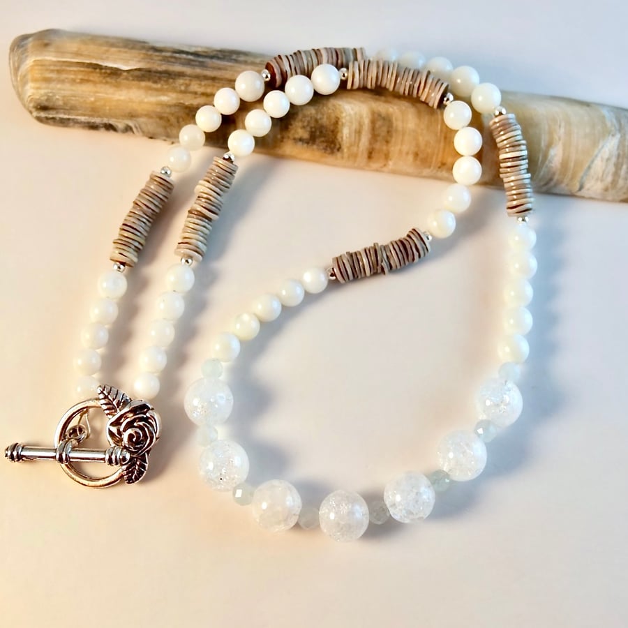 Crackle Quartz, Shell And Aquamarine Necklace - Handmade In Devon