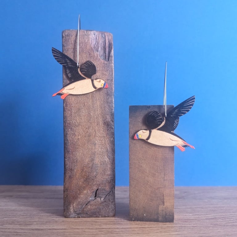Mini Hand Painted Wooden Puffin Bird Drop Earrings