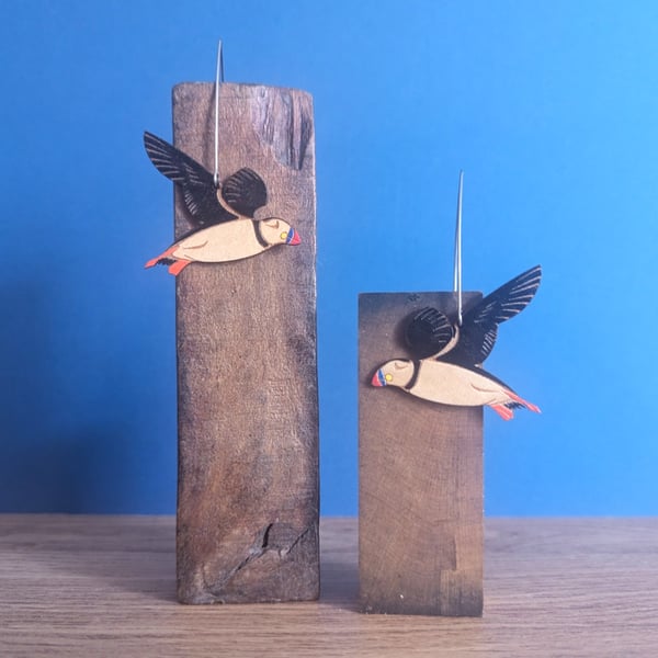 Mini Hand Painted Wooden Puffin Bird Drop Earrings