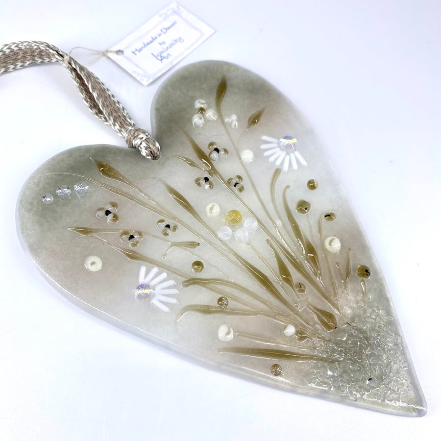 Glass Meadow Heart with Delicate Flowers in Soft Sepia Tones