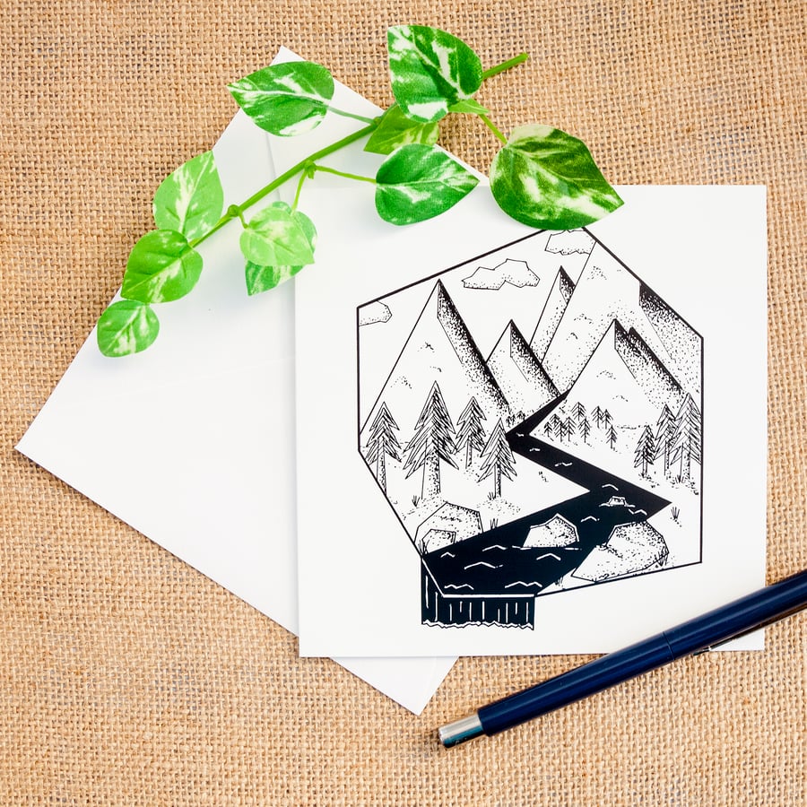 Angular Geometric Mountain and River Landscape Greetings Card