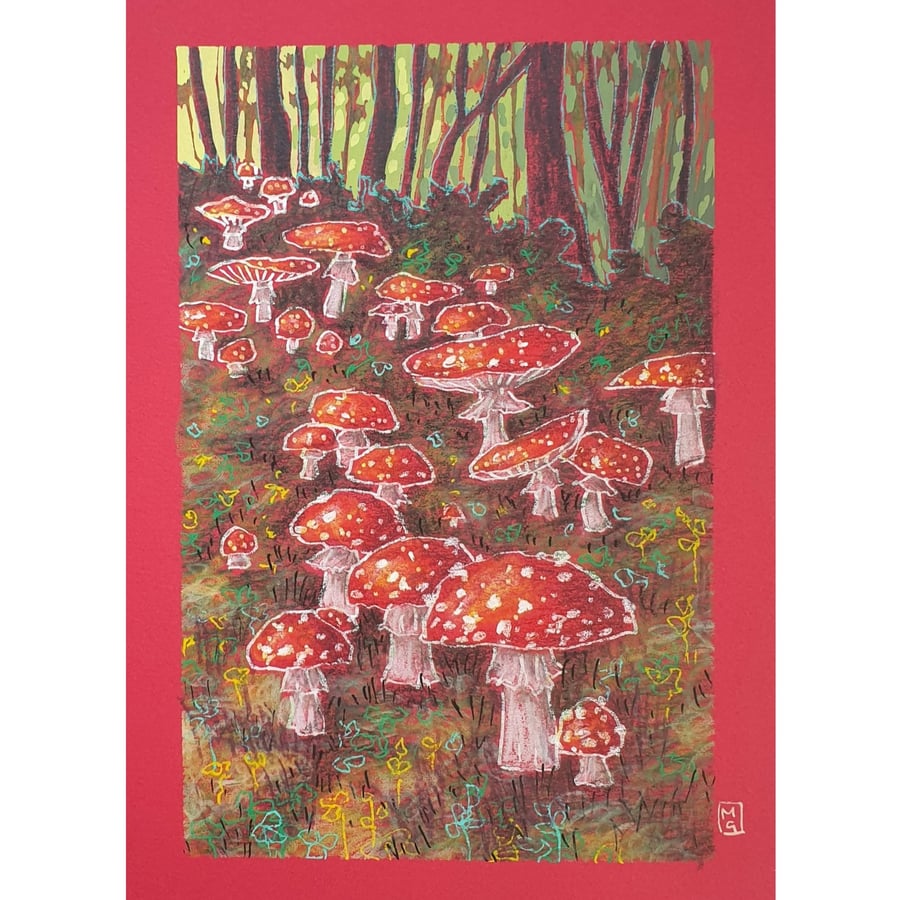 Fairy Toadstool Woodland Grove, original landscape art, small mushroom drawing