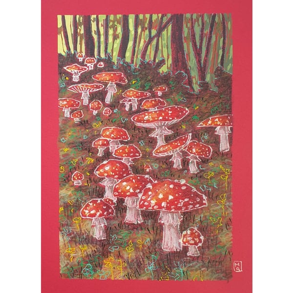 Fairy Toadstool Woodland Grove, original landscape art, small mushroom drawing