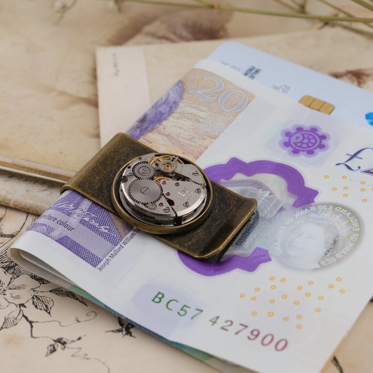Money clip for Men; Steampunk watch movement, credit card wallet or money holder