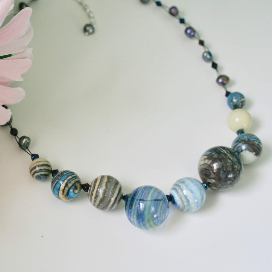 'Milky Way' blown glass and pearl necklace