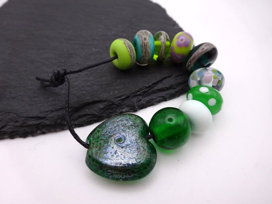 lampwork glass beads, green orphan set