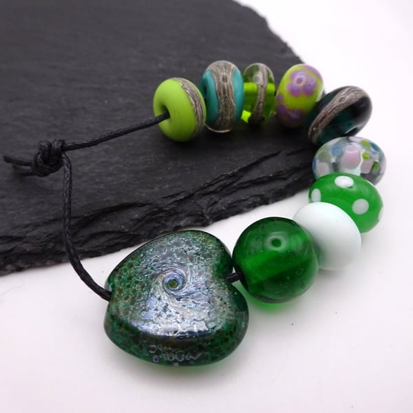 lampwork glass beads, green orphan set