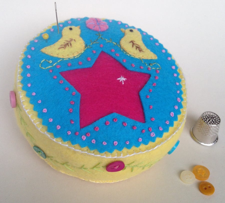 Yellow and Turquoise Folk-Art Pincushion